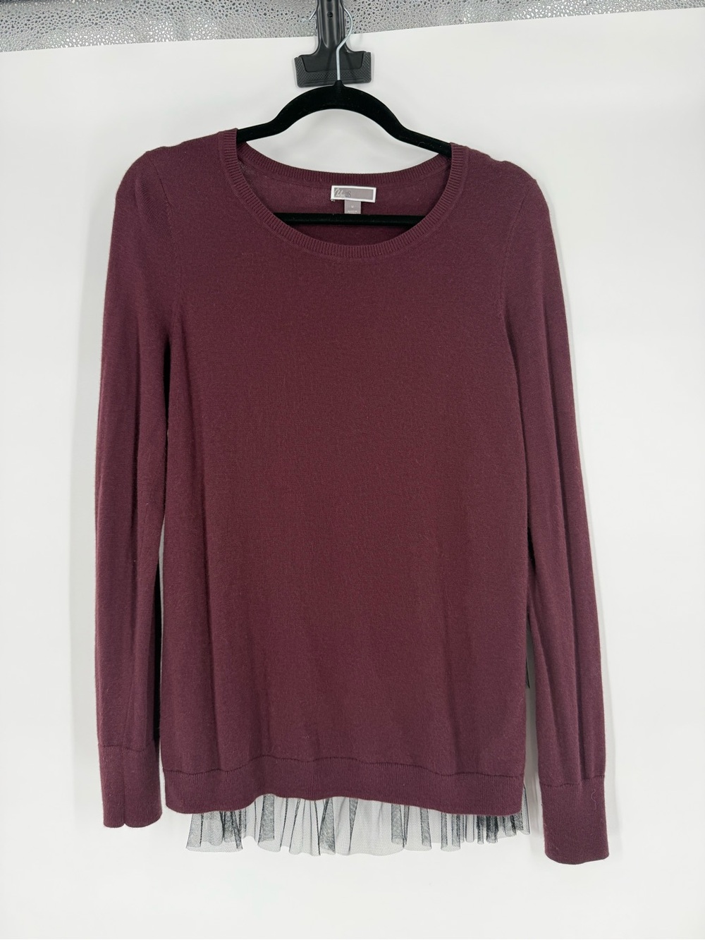 Chelsea28 Ruffle Tule Mesh Back Sweater Long Sleeve Layered Romantic Medium Wine
